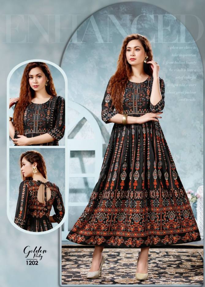 Beauty Queen Golden Party Ethnic Wear Rayon Printed Anarkali Long Kurti Collection